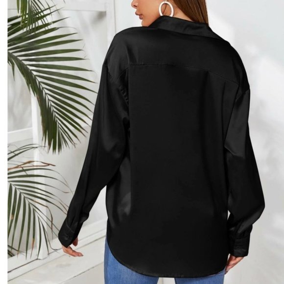 Black Satin Button Up Blouse - Picture 2 of 4